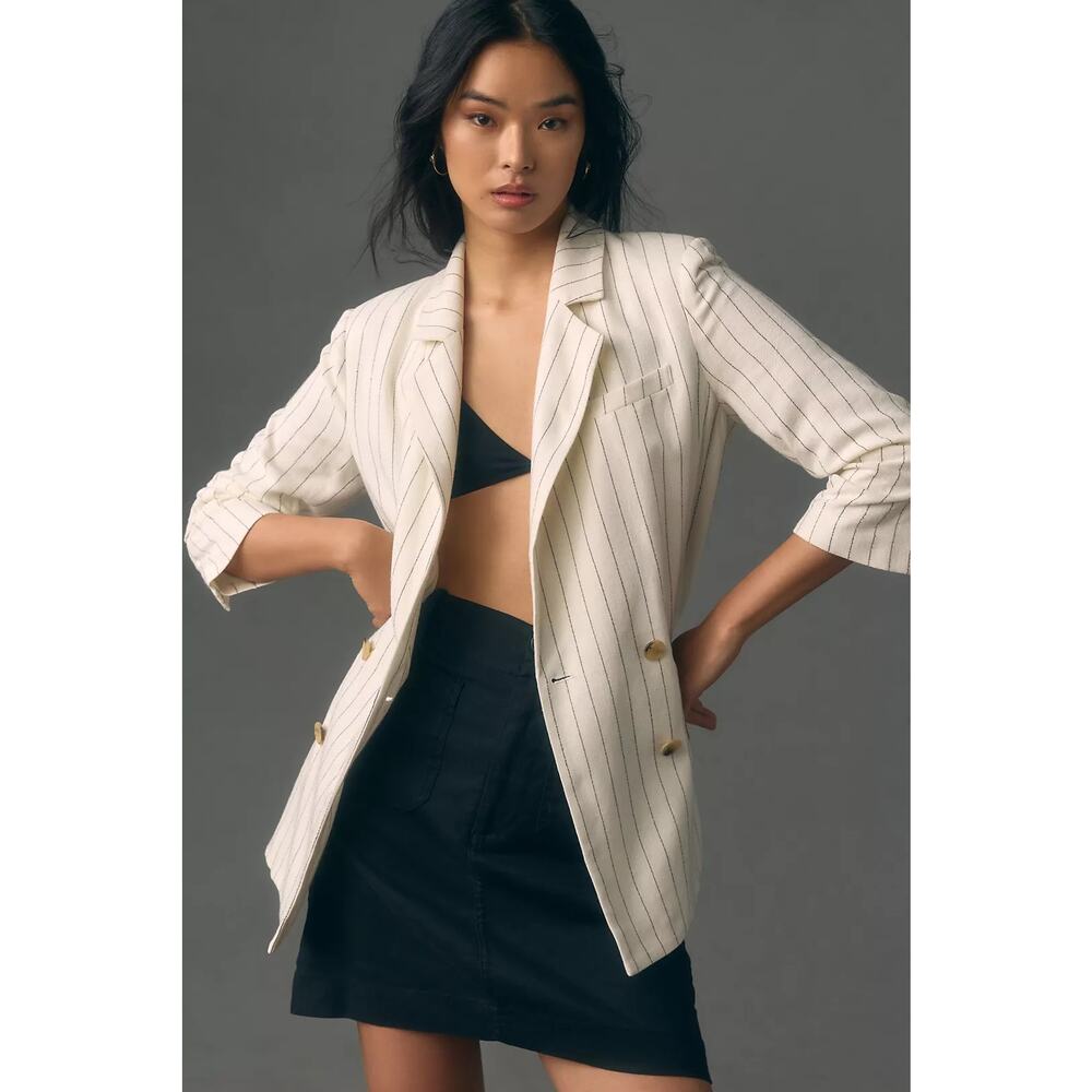 Anthropologie Bishop + Young Riviera Pinstripe Blazer Ivory‎ Linen Blend L NWT